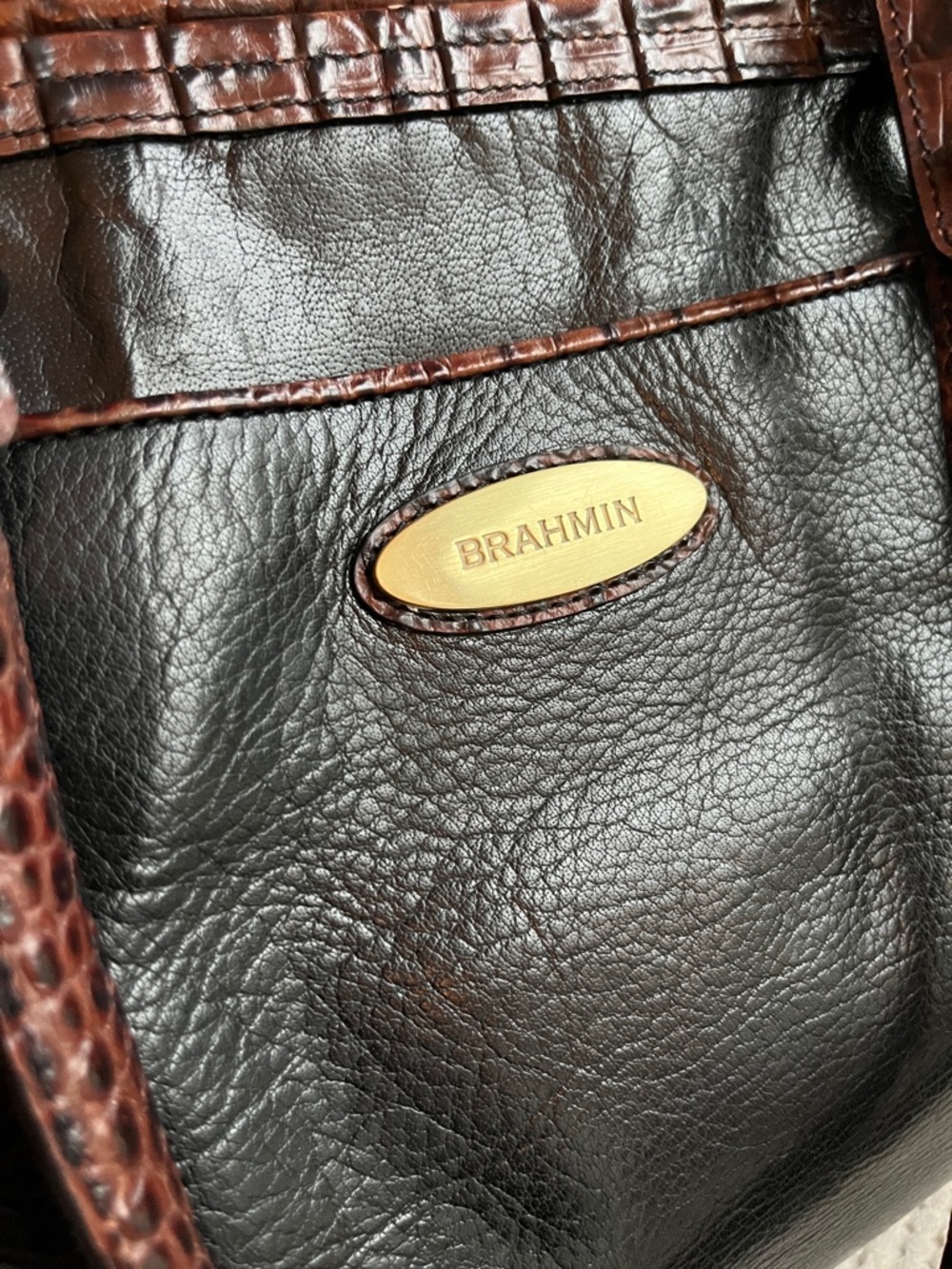 Brahmin Arno Tuscan Tote - Black Leather Tote w/ Brown Croc Trim - Picture 2 of 16